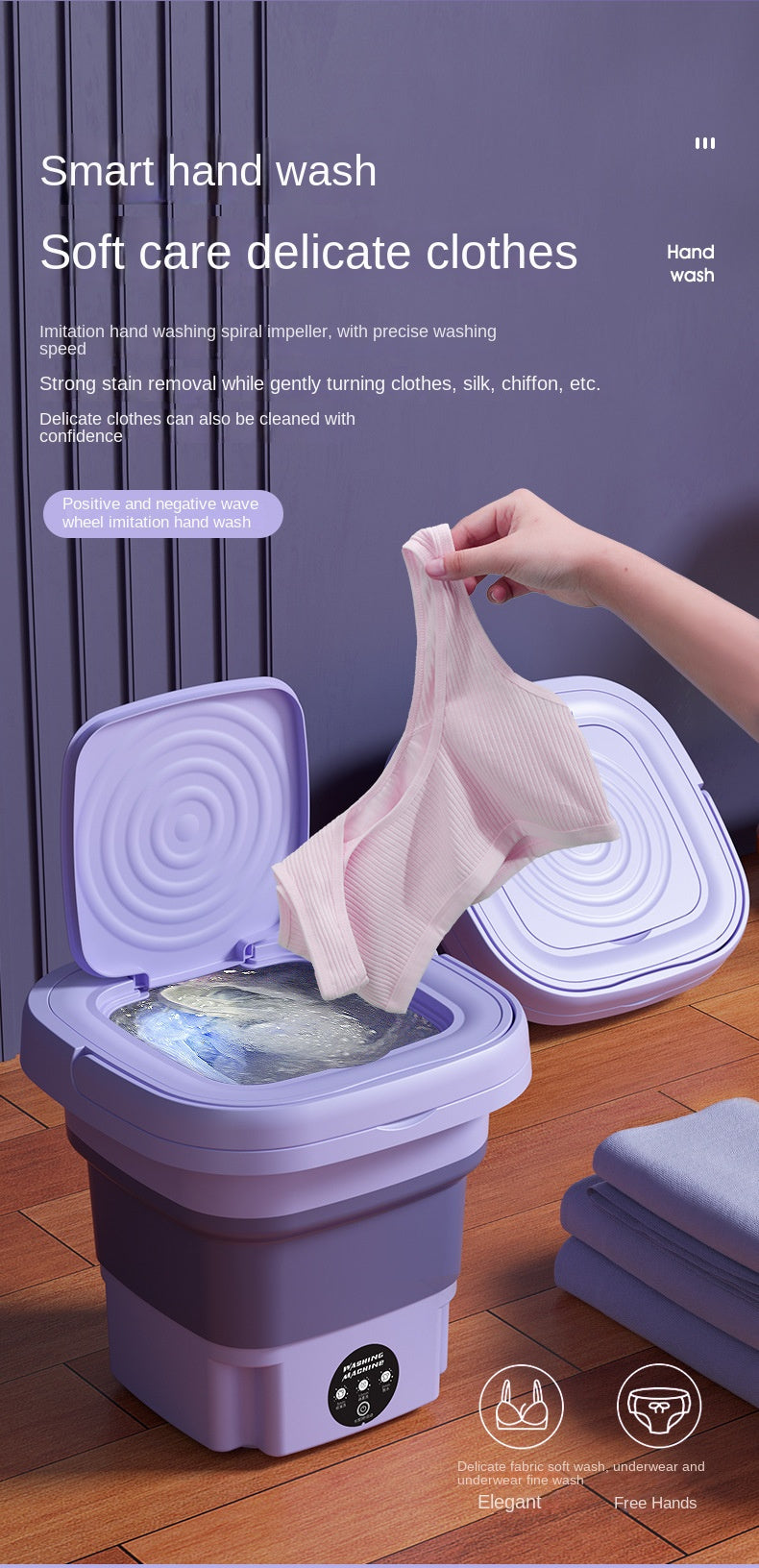 8L Foldable Portable Washing Machine 3 Deep Cleaning Modes, Soft Spin Dry For Underwear, Socks, Clothes, Towels