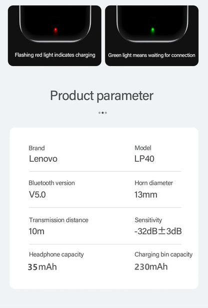 Original Lenovo LP40 kabellose Kopfhörer TWS Bluetooth-Kopfhörer Touch Control Sport Headset Stereo-Ohrhörer für Telefon Android