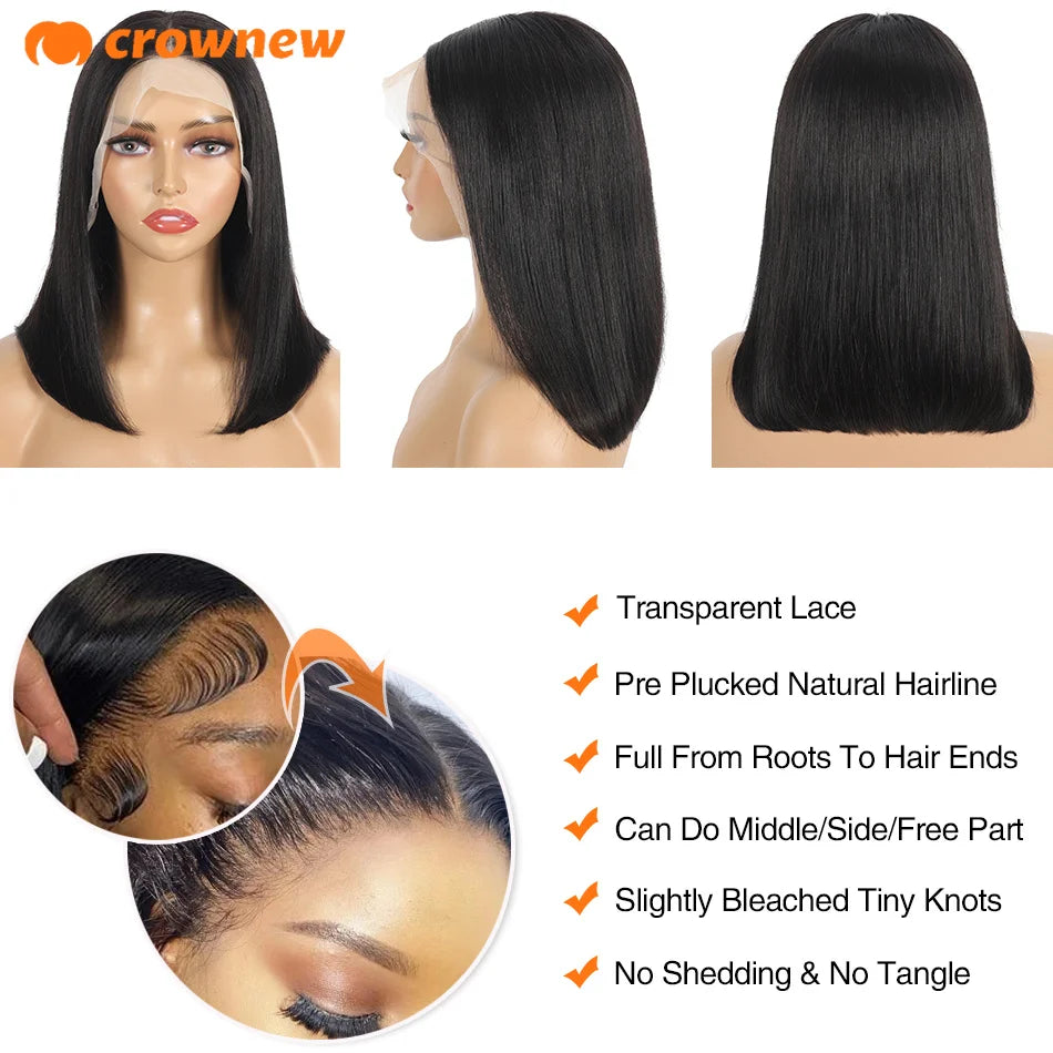 Crownew 13x4 Lace Front Wig – 100% Real Remy Brazilian Human Hair Bob Wig