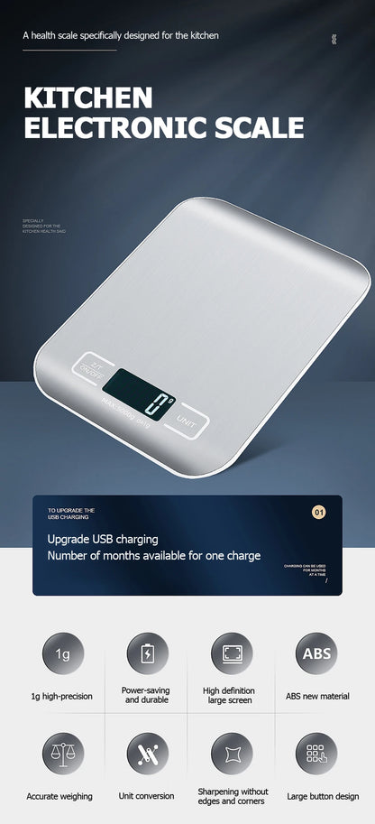 5 kg/10 kg wiederaufladbare digitale Küchenwaage – LCD-Display, elektronische Waage aus Edelstahl