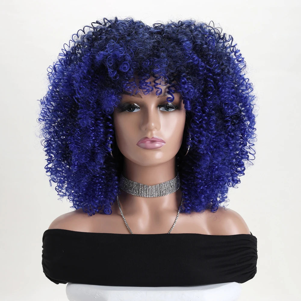 Curly Afro Wig with Bangs – 16 Inches, Soft Synthetic Fiber for Daily Use