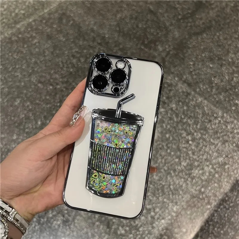 Glitzernde Milchteetasse Treibsandhülle für iPhone 13 14 15 Pro Max