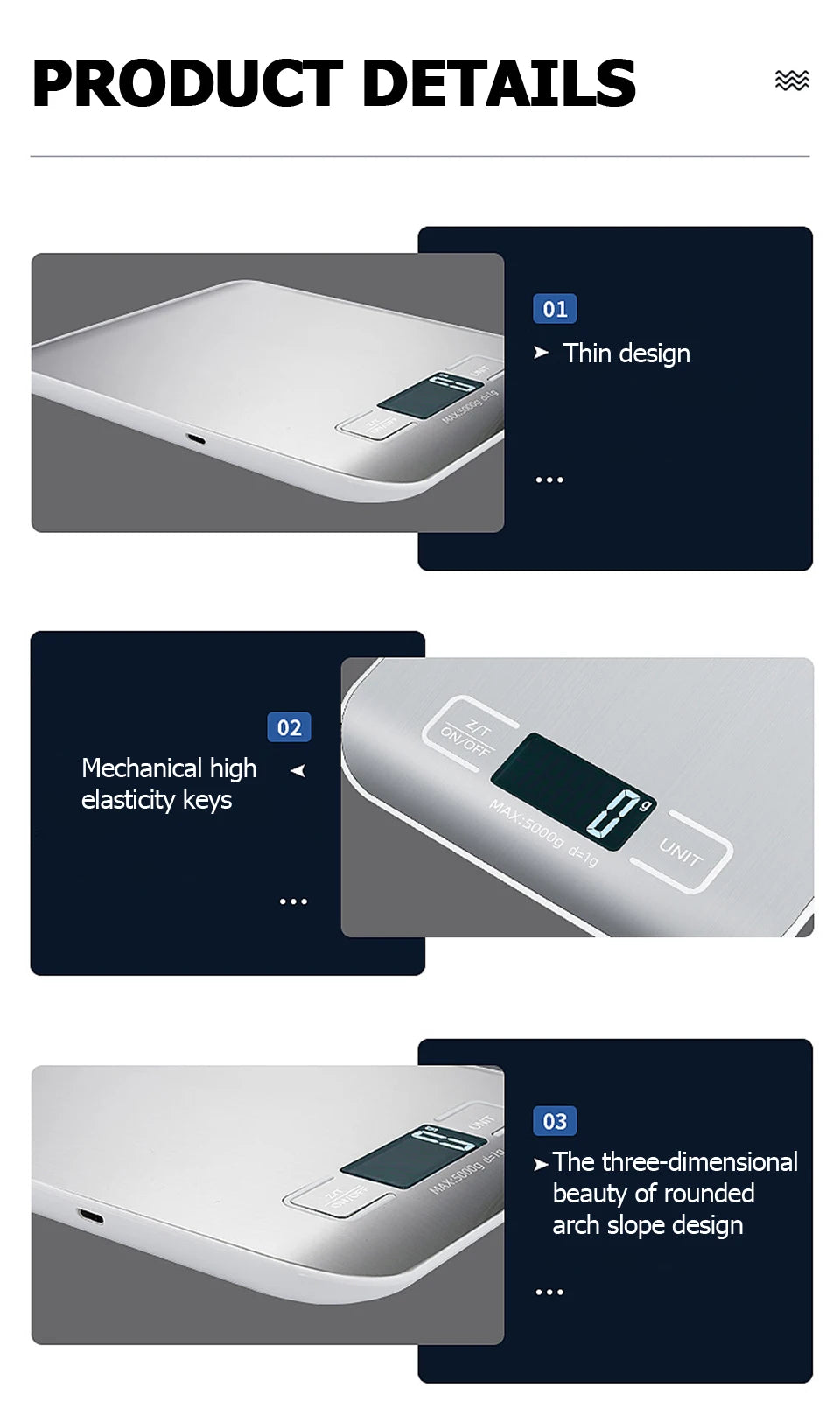 5 kg/10 kg wiederaufladbare digitale Küchenwaage – LCD-Display, elektronische Waage aus Edelstahl