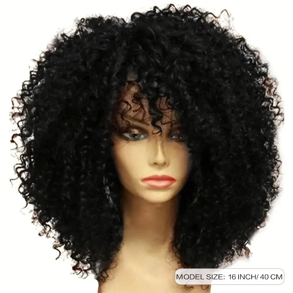 Curly Afro Wig with Bangs – 16 Inches, Soft Synthetic Fiber for Daily Use