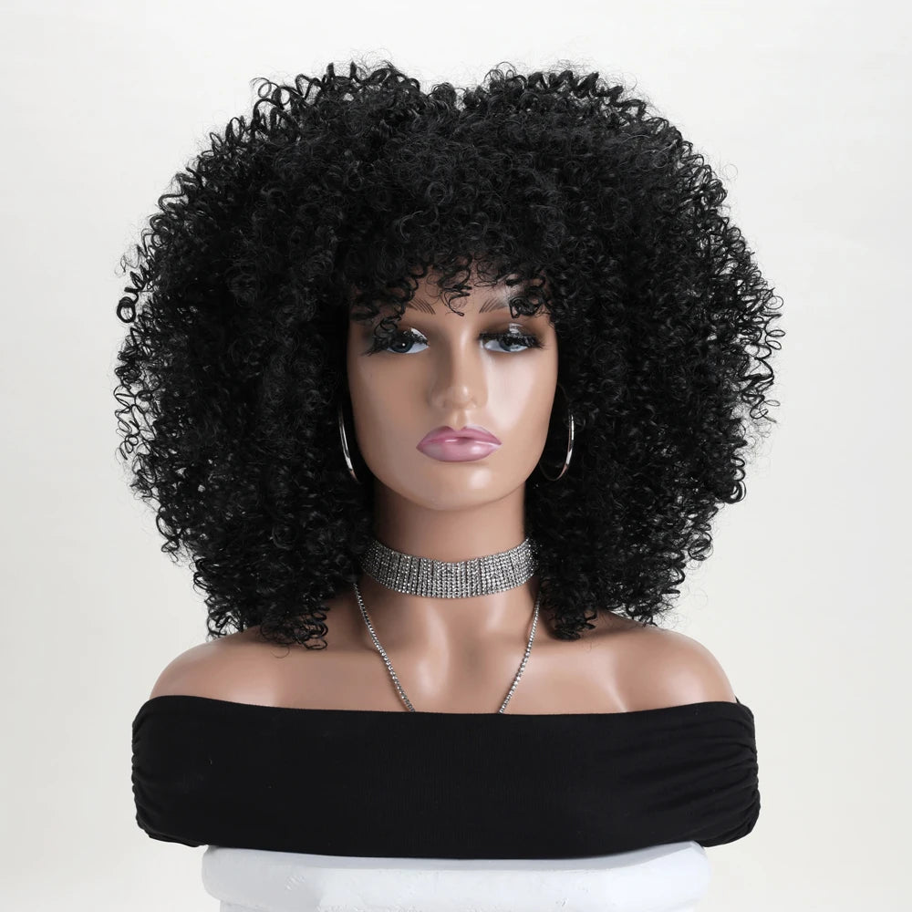 Curly Afro Wig with Bangs – 16 Inches, Soft Synthetic Fiber for Daily Use