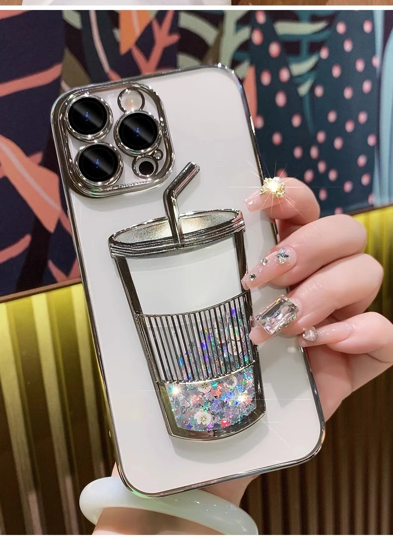 Glitzernde Milchteetasse Treibsandhülle für iPhone 13 14 15 Pro Max