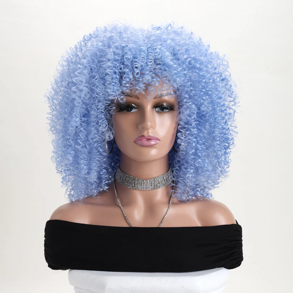 Curly Afro Wig with Bangs – 16 Inches, Soft Synthetic Fiber for Daily Use