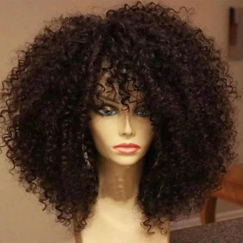 Curly Afro Wig with Bangs – 16 Inches, Soft Synthetic Fiber for Daily Use