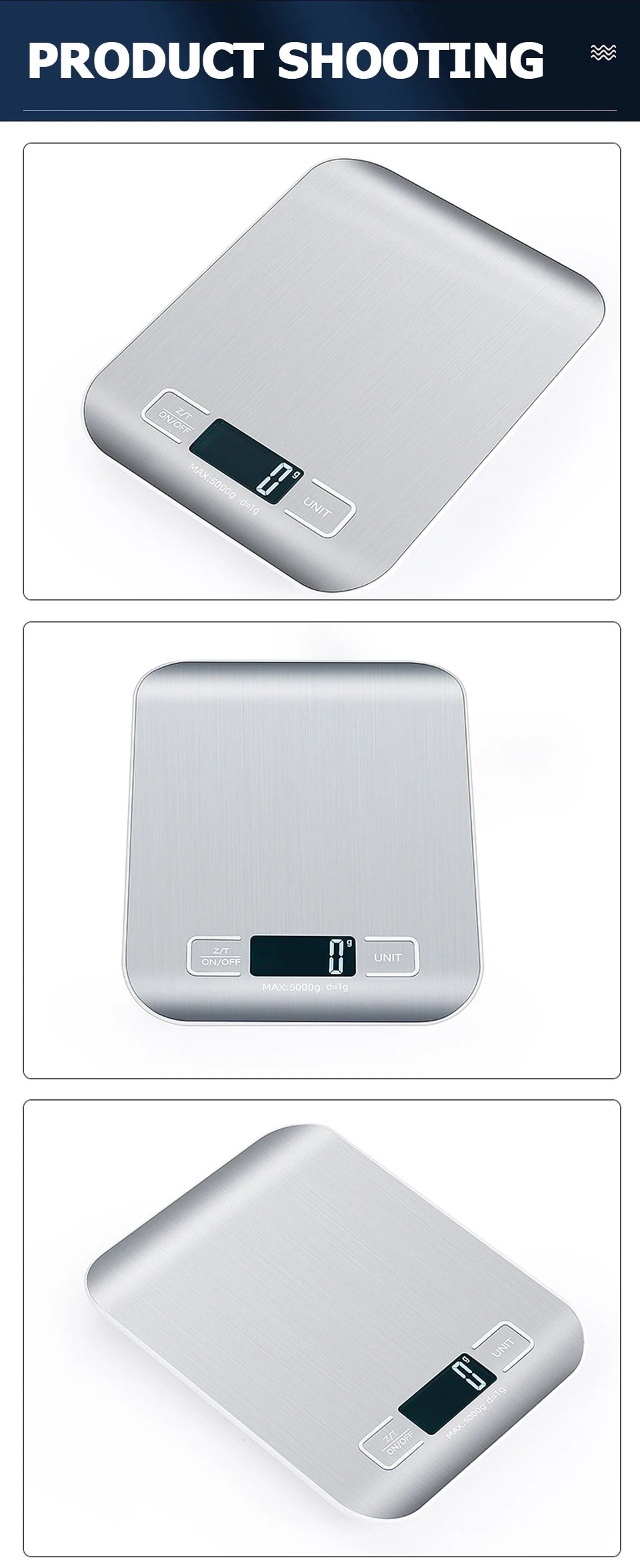 5 kg/10 kg wiederaufladbare digitale Küchenwaage – LCD-Display, elektronische Waage aus Edelstahl