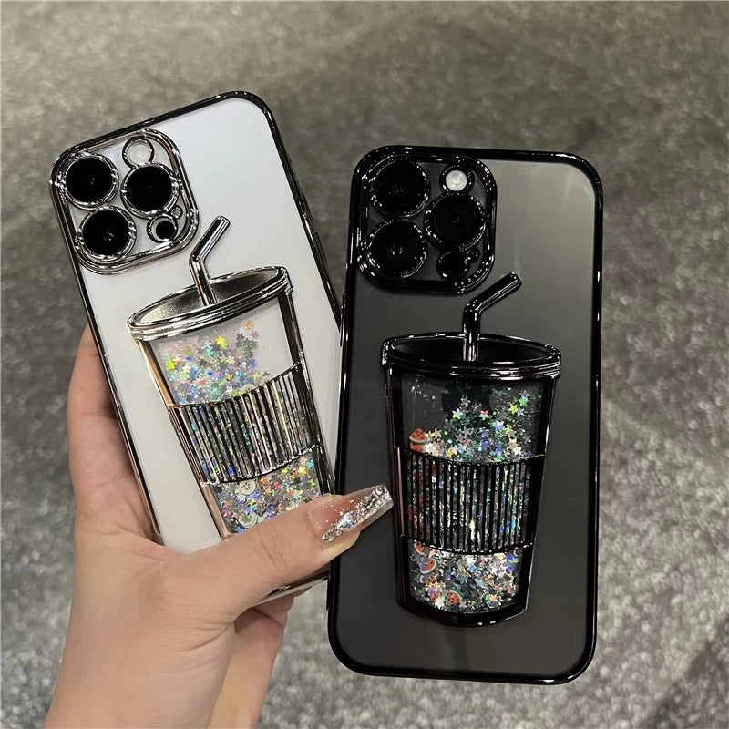 Glitzernde Milchteetasse Treibsandhülle für iPhone 13 14 15 Pro Max