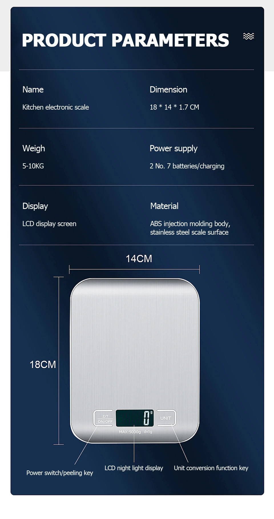 5 kg/10 kg wiederaufladbare digitale Küchenwaage – LCD-Display, elektronische Waage aus Edelstahl