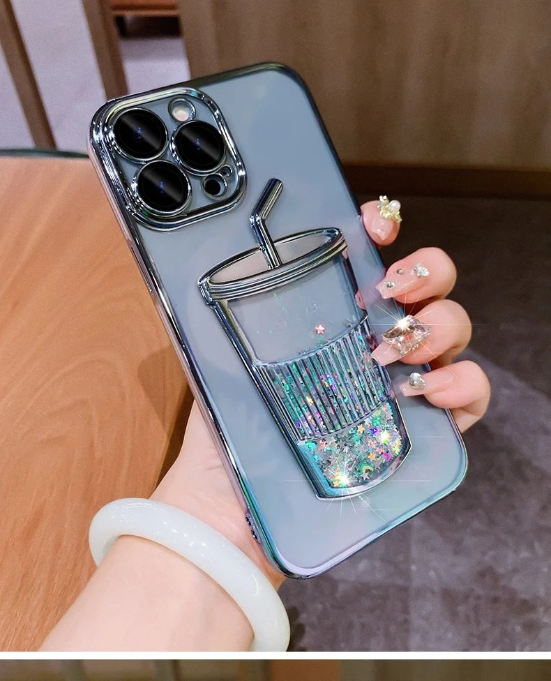 Glitzernde Milchteetasse Treibsandhülle für iPhone 13 14 15 Pro Max