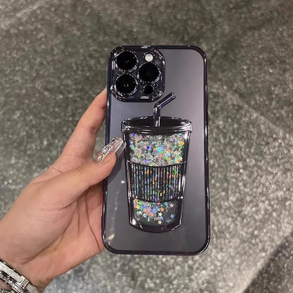 Glitzernde Milchteetasse Treibsandhülle für iPhone 13 14 15 Pro Max