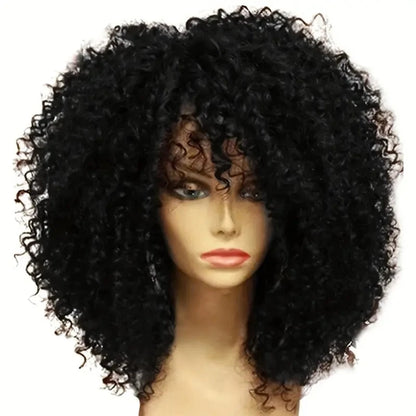 Curly Afro Wig with Bangs – 16 Inches, Soft Synthetic Fiber for Daily Use