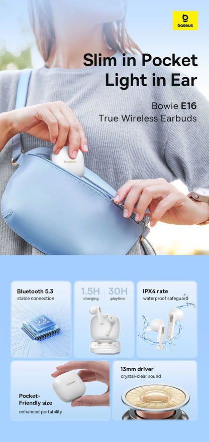 BASEUS In-Ear Wireless-Ohrhörer Bluetooth 5.3 30H Akku mit langer Lebensdauer und IPX4-Qualität