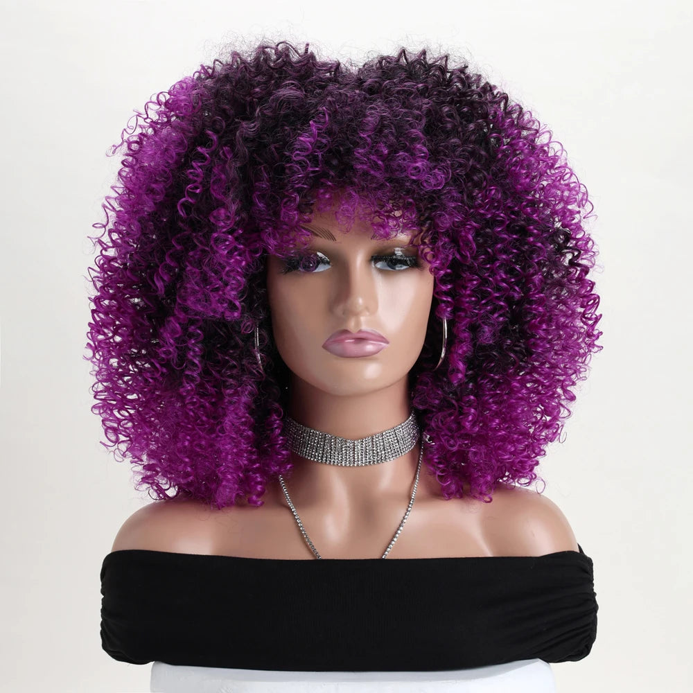 Curly Afro Wig with Bangs – 16 Inches, Soft Synthetic Fiber for Daily Use