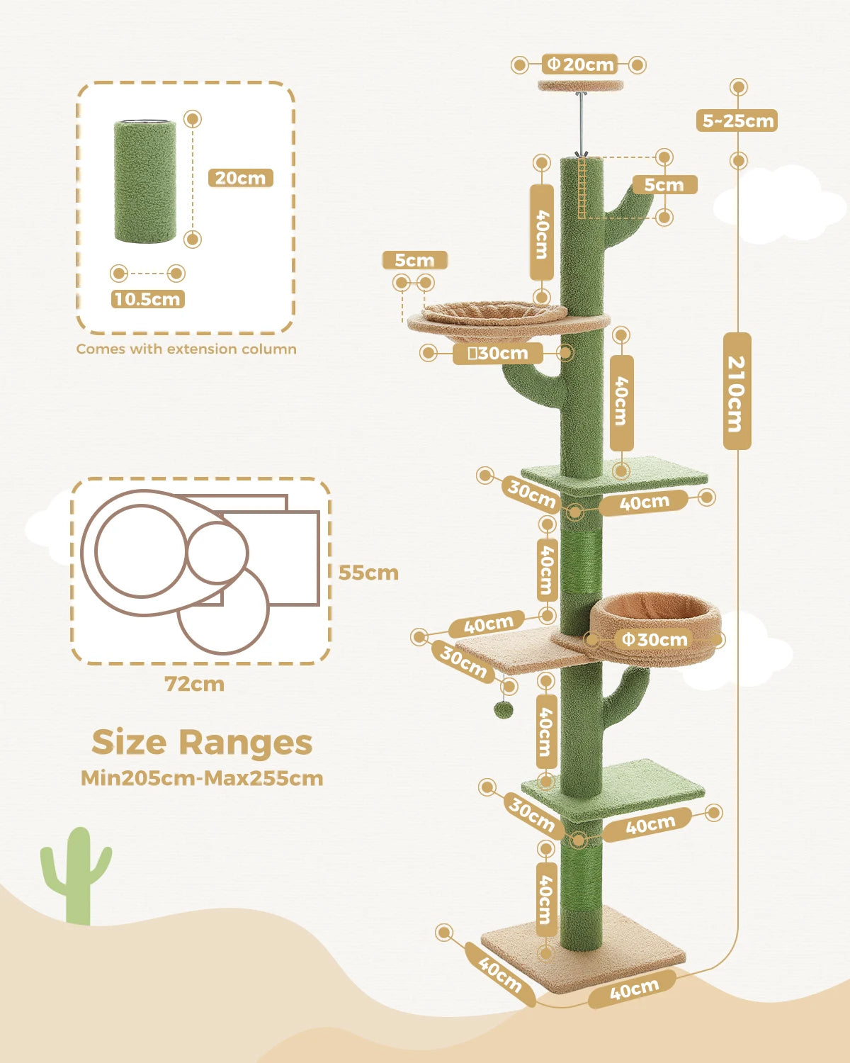 ClimbCactus 5-Level Cat Tree 235cm Max Height 40x40cm